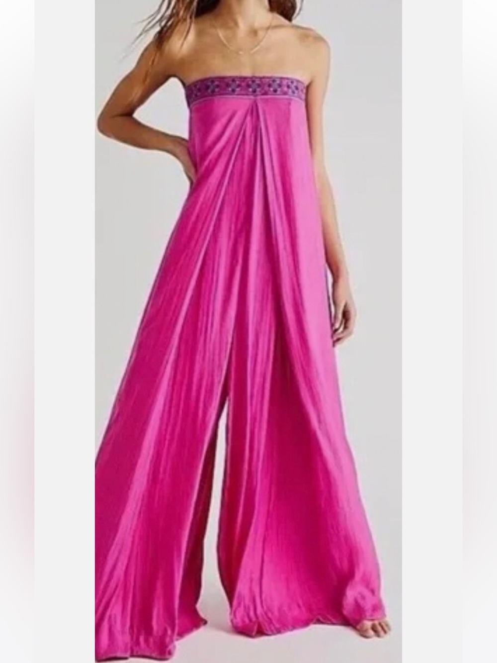 Free People Oversized Pink Serendipity Strapless Embroidered Wide Leg Jumpsuit